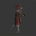 Game and Movie Character in Red Cape and Silver Armor with Ornate Spiked Helmet
