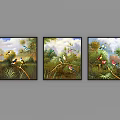 Three Decorative Paintings With Colorful Birds And Green Foliage For Wall Art