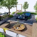 Courtyard Garden Design With Paved Ground Blue Water Feature Trees Green Plants And Seating Area