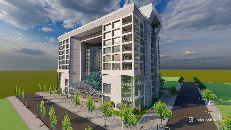Modern Office Building Exterior With Glass Facade And Landscaped Surroundings 3d model 