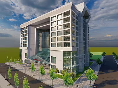 Modern Office Building Exterior With Glass Facade And Landscaped Surroundings 3d model