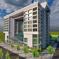 Modern Office Building Exterior With Glass Facade And Landscaped Surroundings