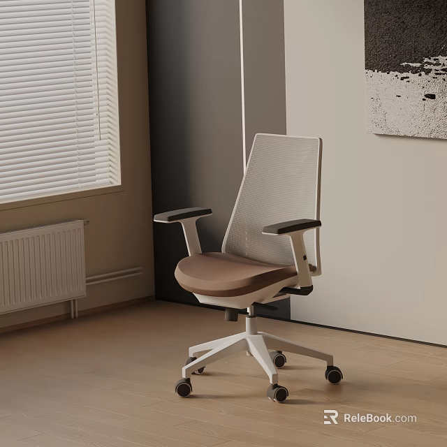 Modern Mesh Back Office Chair With Brown Seat White Frame And Adjustable Armrests 3d model 