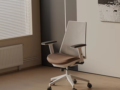 Modern Mesh Back Office Chair With Brown Seat White Frame And Adjustable Armrests 3d model