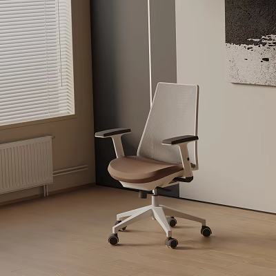 Modern Mesh Back Office Chair With Brown Seat White Frame And Adjustable Armrests 3d model