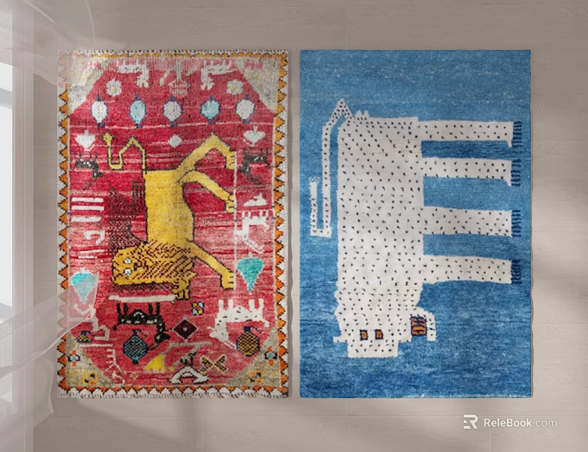 Square Rugs With Red Background Yellow Lion Pattern And Blue Abstract Design 3d model