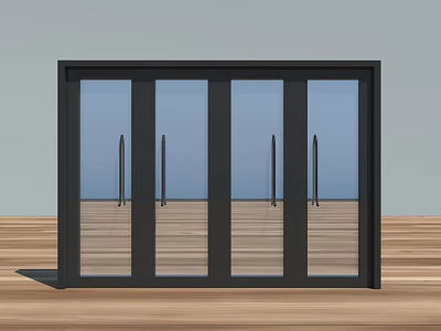 Modern Black Frame Sliding Glass Doors With Wooden Floor And Outdoor View 3d model