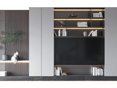 Modern TV Wall Unit Design With LED Lighting Storage Shelves And Decorative Books 3d model