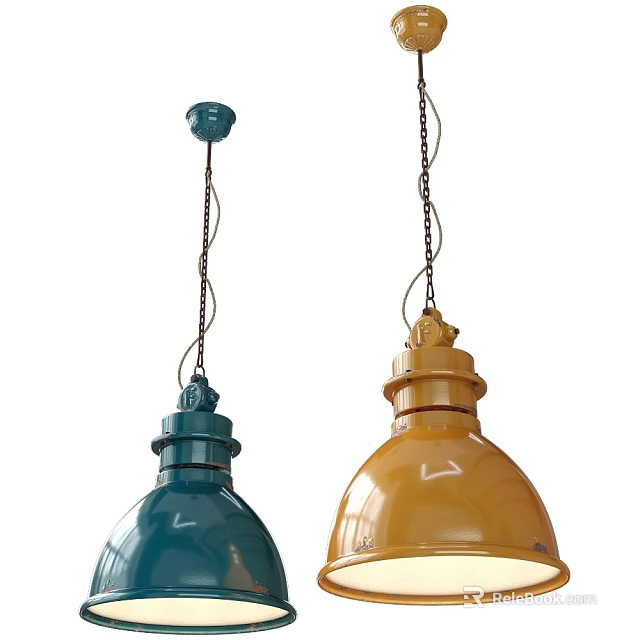 Stylish Blue and Yellow Metallic Pendant Lights with Chain Hanging for Home Decor 3d model 