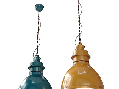 Stylish Blue and Yellow Metallic Pendant Lights with Chain Hanging for Home Decor 3d model