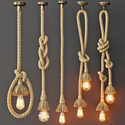Natural Jute Rope Pendant Lights With Handmade Knots And Warm Glowing Bulbs 3d model