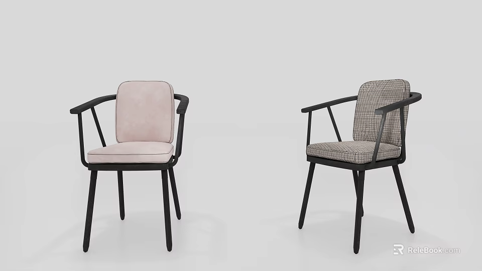 Modern Upholstered Accent Chairs With Black Frame Light Pink Cushion And Plaid Pattern 3d model