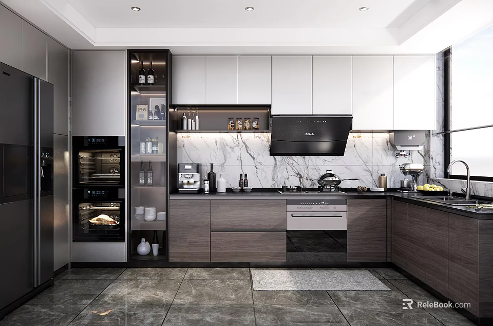 Modern Kitchen Interior With Marble Island Sleek Cabinets And Stainless Steel Appliances 3d model 