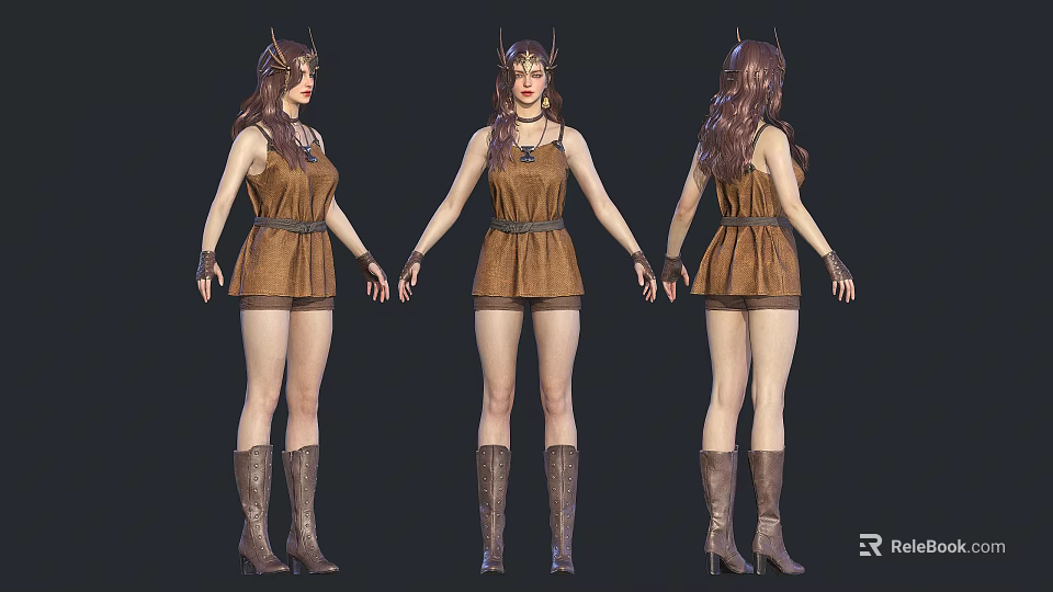 Woman in Brown Dress with Horned Headdress and Brown Boots Displayed in Three Angles 3d model 