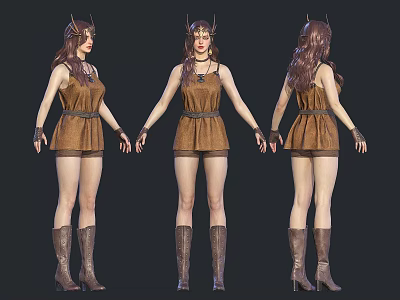 Woman in Brown Dress with Horned Headdress and Brown Boots Displayed in Three Angles 3d model