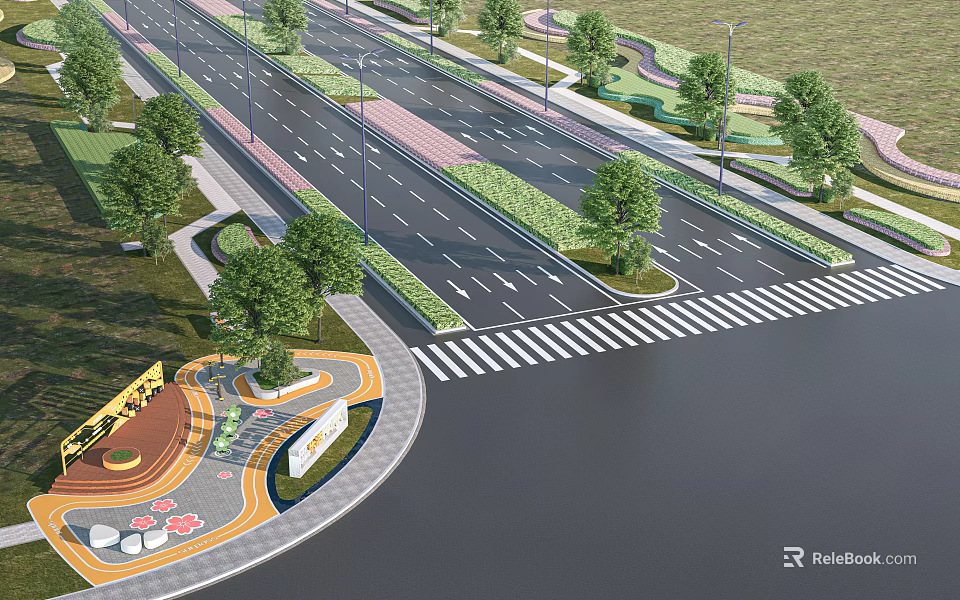 Modern Road Infrastructure With Multiple Lanes Green Medians Trees And Pedestrian Crossings 3d model 
