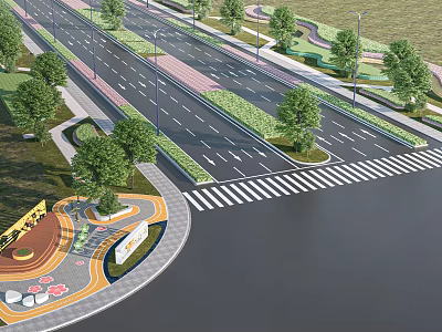 Modern Road Infrastructure With Multiple Lanes Green Medians Trees And Pedestrian Crossings 3d model