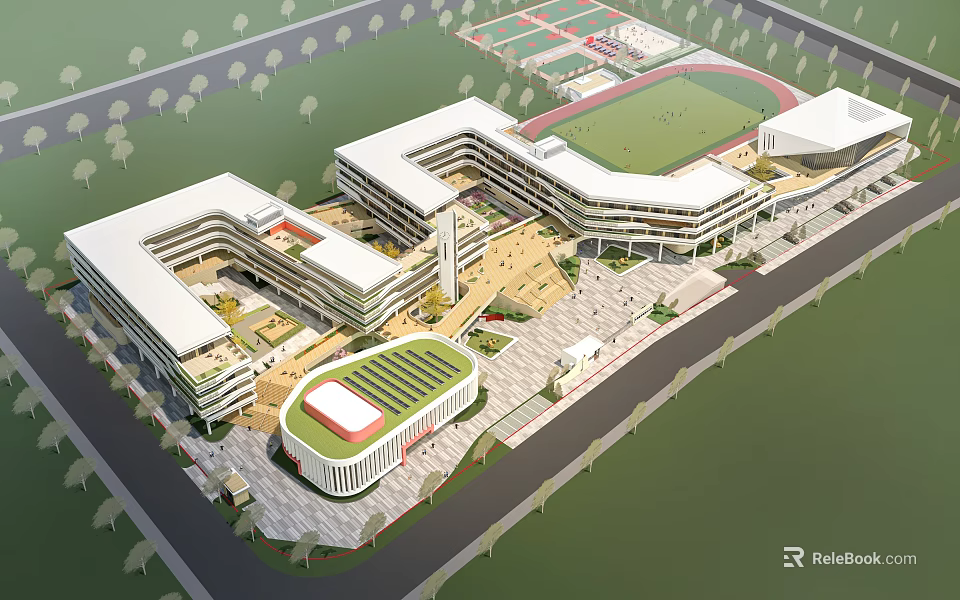 Modern Connected School Buildings With Sports Field Green Areas And Central Plaza 3d model 