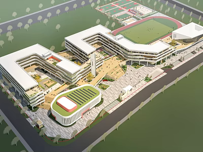 Modern Connected School Buildings With Sports Field Green Areas And Central Plaza 3d model