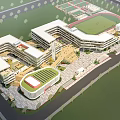 Modern Connected School Buildings With Sports Field Green Areas And Central Plaza