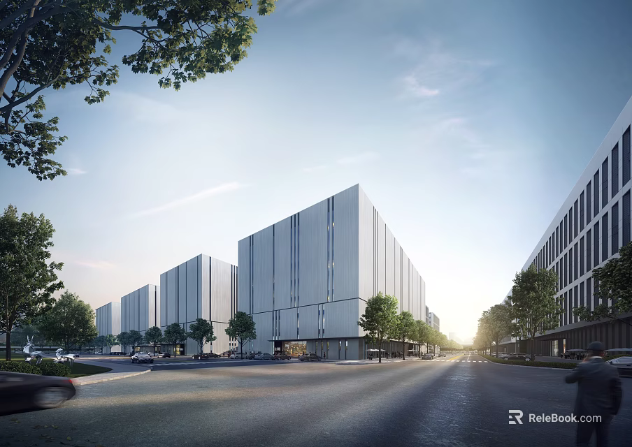 Modern White Industrial Factory Buildings With Trees Along Spacious Road And Urban Landscape 3d model 