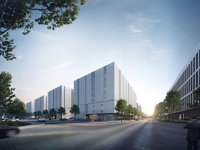 Modern White Industrial Factory Buildings With Trees Along Spacious Road And Urban Landscape 3d model