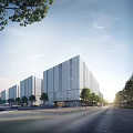 Modern White Industrial Factory Buildings With Trees Along Spacious Road And Urban Landscape