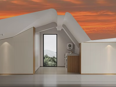 Modern Attic Interior With Sloped Roof Orange Sky Window Mountain View And Laundry Area 3d model