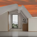 Modern Attic Interior With Sloped Roof Orange Sky Window Mountain View And Laundry Area