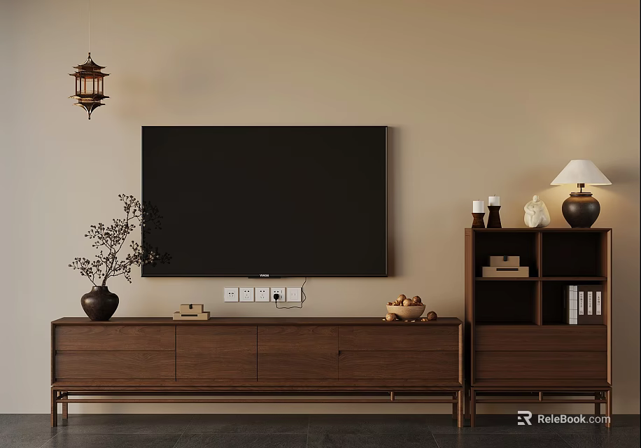 Living Room Featuring Wooden TV Stand Large Black Screen Hanging Lantern Bookshelf And Potted Plant 3d model 