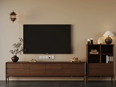 Living Room Featuring Wooden TV Stand Large Black Screen Hanging Lantern Bookshelf And Potted Plant 3d model