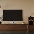 Living Room Featuring Wooden TV Stand Large Black Screen Hanging Lantern Bookshelf And Potted Plant
