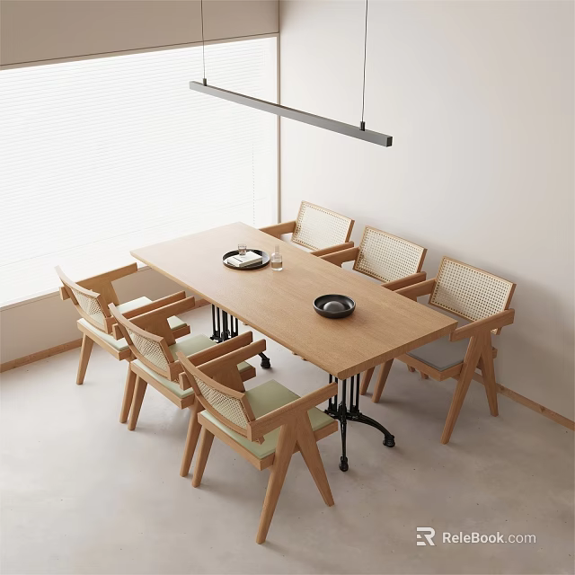 Wooden Rectangular Dining Table Set with Six Woven Backrest Chairs and Hanging Pendant Light 3d model
