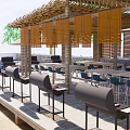 Outdoor Restaurant With Thatch Roof Poolside Palm Trees And Umbrella Seating