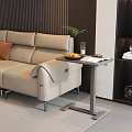 Modern Side Table Next to Beige Sofa with Brown Vertical Striped Wall Fruits Plant Glass
