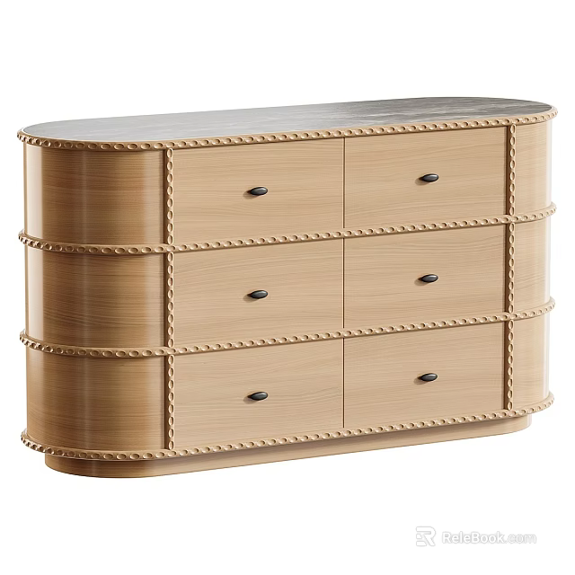 Elegant Curved Light Wooden Sideboard Cabinet With Marble Top And Exquisite Decorative Trim Design 3d model 