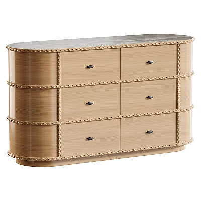 Elegant Curved Light Wooden Sideboard Cabinet With Marble Top And Exquisite Decorative Trim Design 3d model