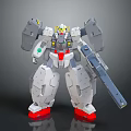 White Mecha Robot Figure With Red Feet Gray Armor Yellow Head And Long Weapon