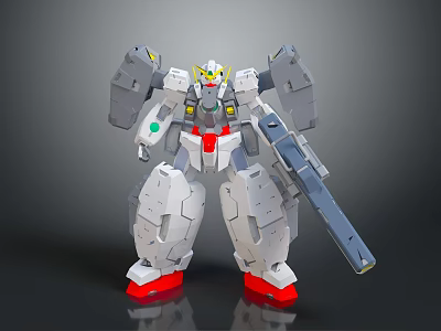 White Mecha Robot Figure With Red Feet Gray Armor Yellow Head And Long Weapon 3d model