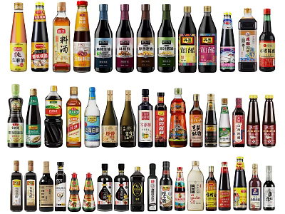 Various Condiment Bottles With Different Labels And Colorful Designs Arranged In Rows 3d model