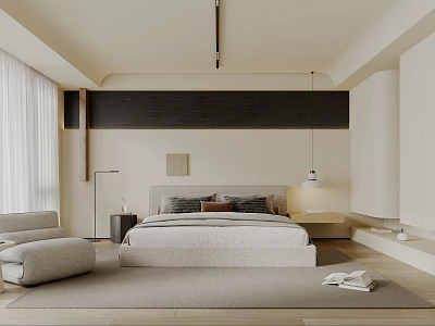 Minimalist Modern Bedroom Interior Design With Beige Linen Bedding Wooden Panel Wall And Pendant Light 3d model