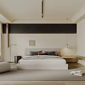 Minimalist Modern Bedroom Interior Design With Beige Linen Bedding Wooden Panel Wall And Pendant Light