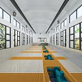 Indoor Corridor With White Walls Numerous Windows Metal Railings Yellow Lined Floor And Blue Seats