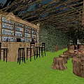 Rustic Outdoor Bar With Wooden Counter Black Stools Tree Stump Tables And Green Plant Wall 3d model