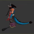 Horned Blue Skinned Game Movie Character With Muscular Body Red Ornaments And Spiked Weapon