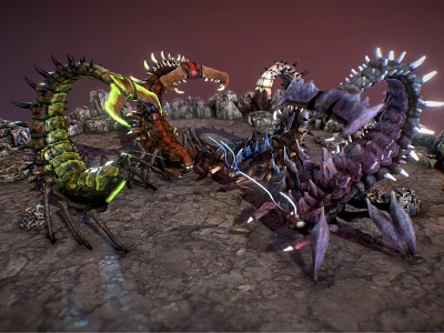 Giant Scorpion Like Creatures Confronting On Rocky Terrain With Colorful Spiked Bodies And Glowing Parts 3d model