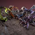 Giant Scorpion Like Creatures Confronting On Rocky Terrain With Colorful Spiked Bodies And Glowing Parts 3d model