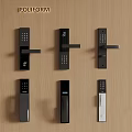 Various Smart Door Locks With Black And White Designs On Wooden Background