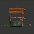 Wooden Well Frame With Stone Base Surrounded By Green Grass Decorative Stones And Mushrooms