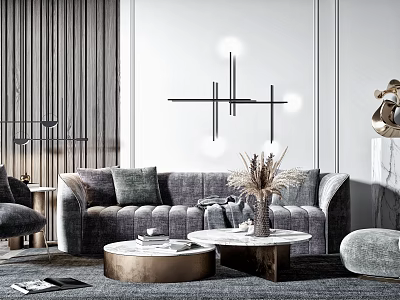 Modern Gray Sofa And Coffee Table Set With Throw Pillows Dried Flowers And Area Rug 3d model